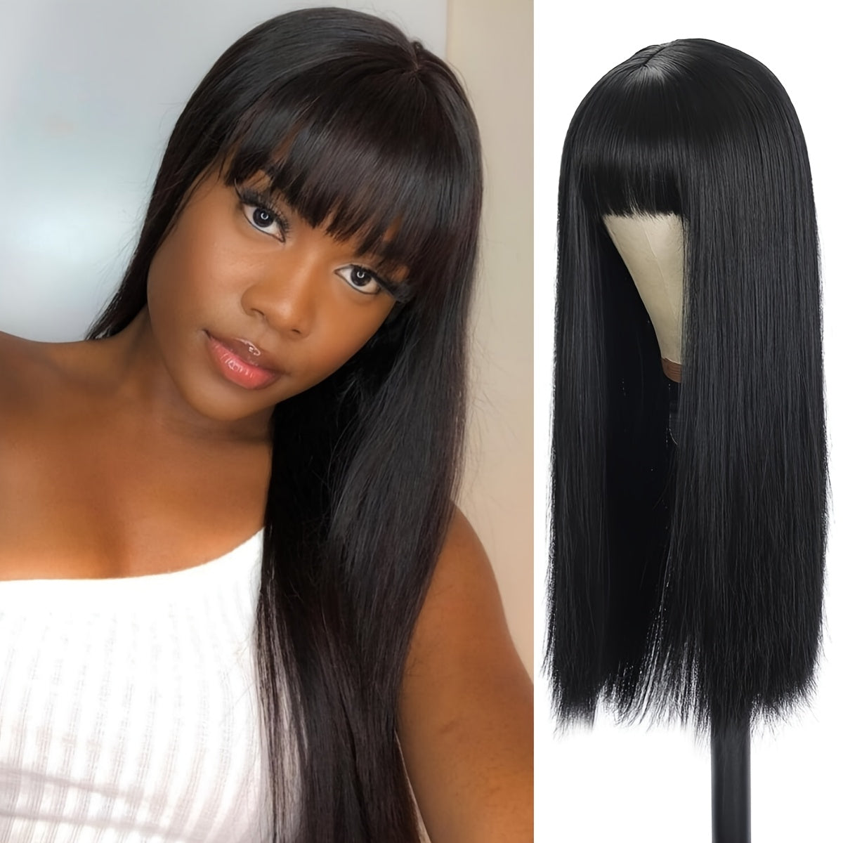 Glueless Bone Straight Wigs with Bangs 100% Long And True Length Human Hair Natural Black Color Wigs for Women Party Gifts Full Machine Made Rose Cap Straight No Glue No Lace Wigs 16inch-40inch